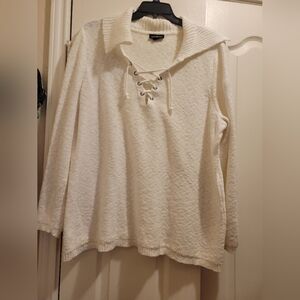 Lane Bryant White pullover light weight sweater. V-neck with string pull